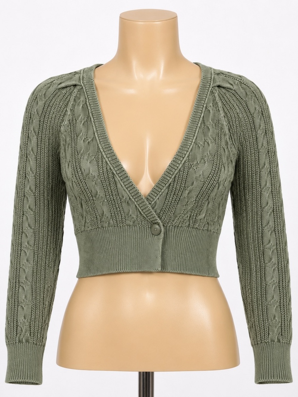Aerie Sage Green Cable Knit Cropped Cardigan Sweater